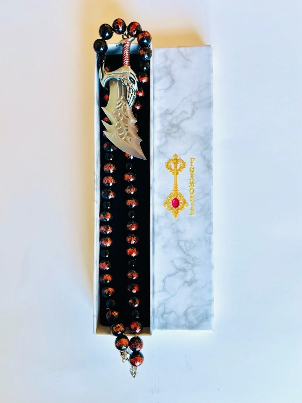 One of a kind Men's Black & Beaded Necklace with Silver Fantasy Sword Pendant